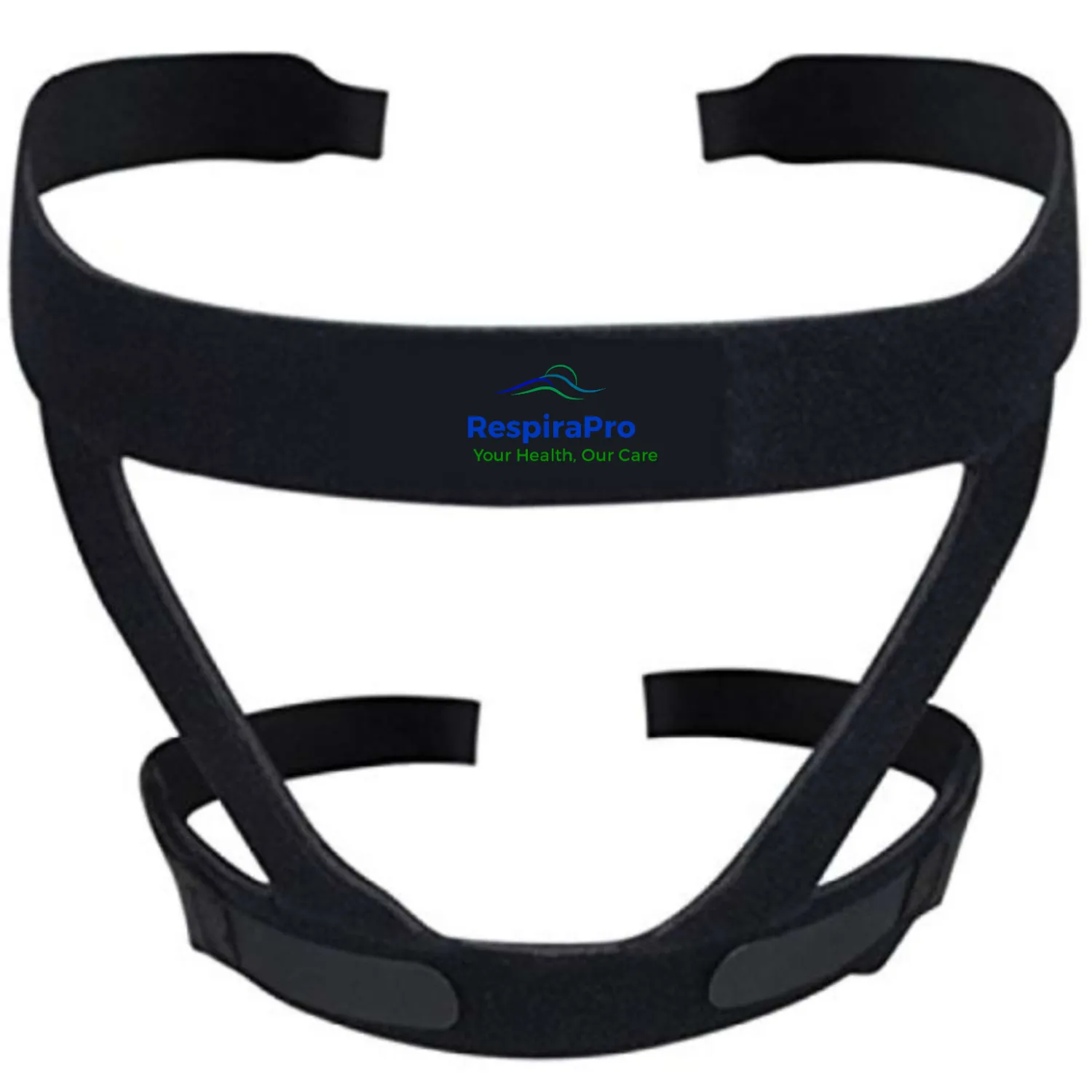 Black RespiraPro CPAP headgear with the brand name printed on the front strap