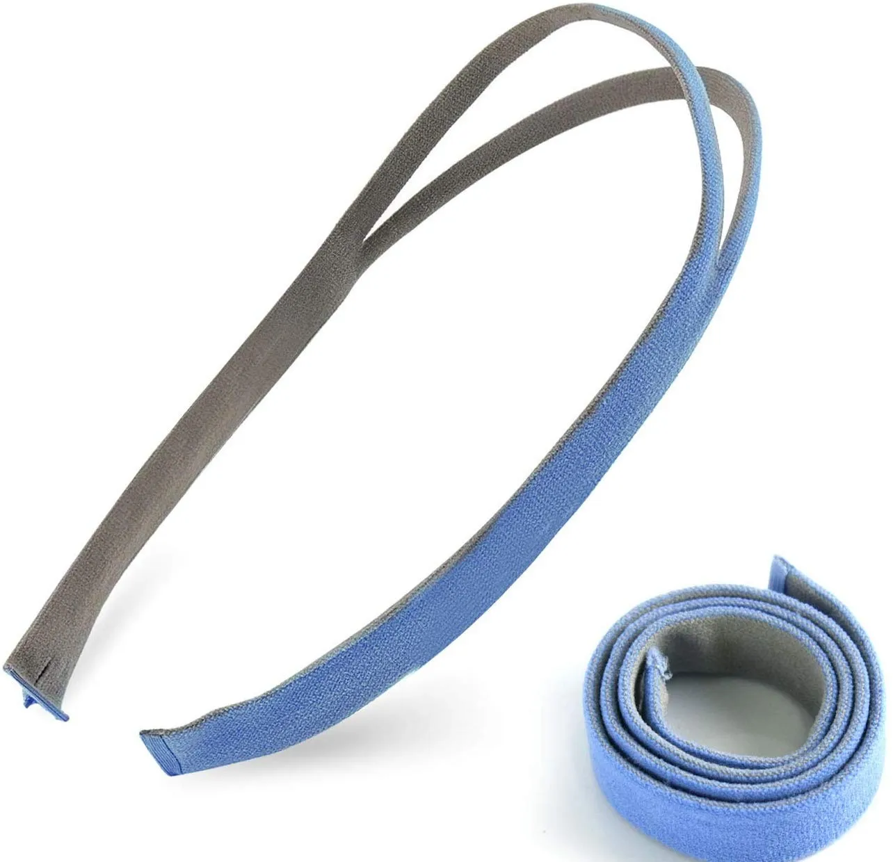 Blue and gray RespiraPro CPAP headgear straps shown flat and rolled